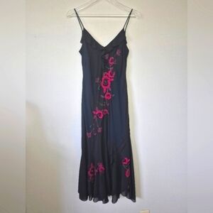 Vintage Y2K Black Burgundy Asymmetrical Slip Dress Embroidered Size 8 Witch Goth